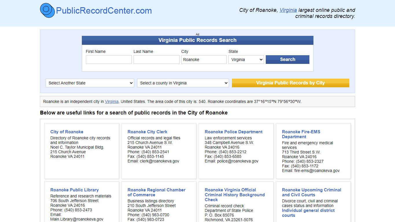 Roanoke, Virginia Public Records and Criminal Background Check
